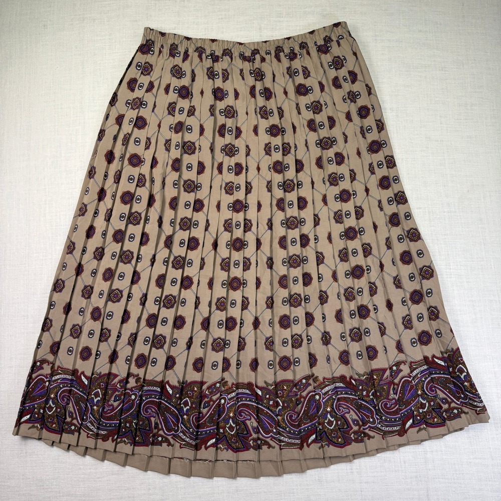 VTG Andrea Gayle 18 Midi Skirt  Pleated Sz L Tan Geometric Paisley Printed Retro